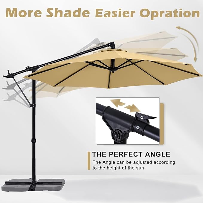 ABCCANOPY 10FT Cantilever Umbrella Offset Hanging Patio Umbrella with Base Stand Rotate and Tilt，Suitable for Garden, Lawn, Backyard(Khaki)