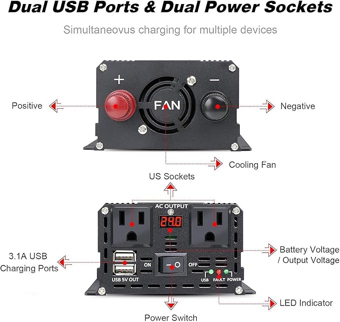LVYUAN 800 Watt Pure Sine Wave Power Inverter 24V to 110V/120V DC to AC Converter with Dual Sockets, Dual USB Ports, LED Display for Home Outdoor RV Car Power Inverter Power Adapter