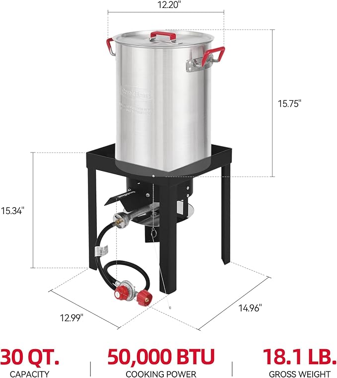 Aluminum 30 Qt. Turkey Fryer Pot Set, 50,000 BTU, Propane Burner for Outdoor Cooking, TFS3000L-SC