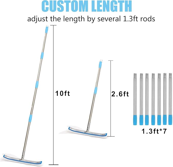 HOSKO Swimming Pool Brush for Wall Tile,Pole Length Adjustable 10FT,18.5" Polished Aluminum Back Cleaning Brush Head Nylon Bristle for Pool Cleaning（10 FT）