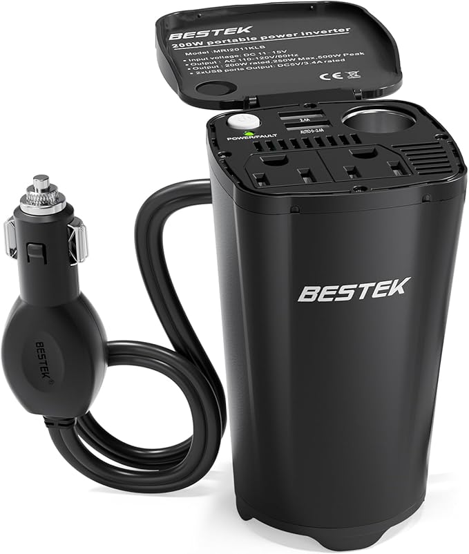 BESTEK 200W Car Power Inverter, Car Plug Adapter Outlet Converter with 2 AC Outlets, Dual 4.5A USB Charging Ports, Cup Holder Car Inverter with Cigarette Lighter Socket for Laptop, Computer