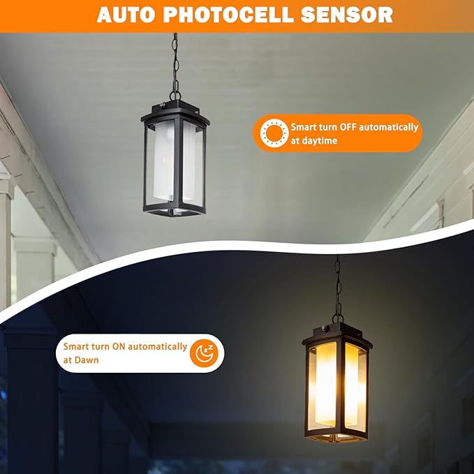 JYZ Dusk to Dawn Outdoor Hanging Light, Exterior Pendant Lantern Dusk Till Dawn, Modern Contemporary Indoor Outdoor Chandelier Lamp Ceiling Mount for Front Porch Gazebo Patio Garden Pergola