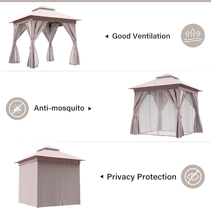 LAUSAINT HOME Outdoor Patio Gazebo 8'x8' with Expansion Bolts, Heavy Duty Gazebos Shelter Party Tent with Double Roofs, Mosquito Nettings and Privacy Screens for Backyard, Garden, Lawn, Khaki