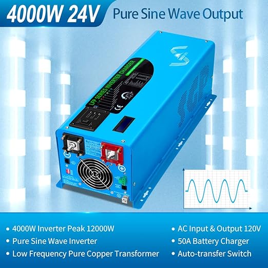 SUNGOLDPOWER 4000W DC 24V Peak 12000W Inverter Charger Pure Sine Wave, AC 120V with 50A Battery AC Charger, LCD Remote Control, Low Frequency Inverter, for Home, Camper, Truck