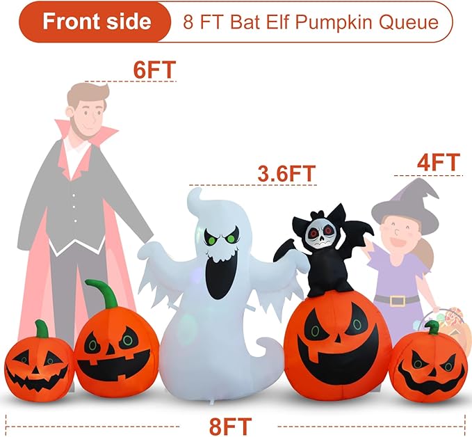8ft Bat Pumpkin Row Stand Halloween Inflatable Outdoor Decoration, Yard Decorations with LED Lights for Outdoor Lawn, Garden, Home Holiday Party