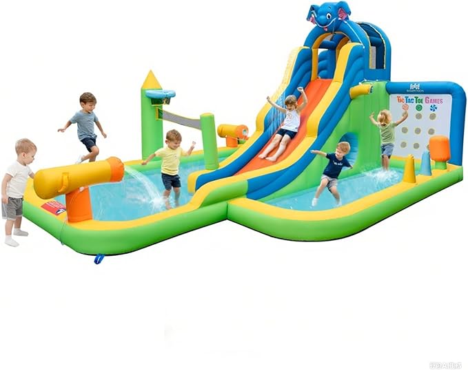 BOUNTECH Inflatable Water Slide, Elephant Surfing Slide Kids Water Park Jump Bouncy Castle w/2 Splash Pools, Hide & Seek Cave, Outdoor Water Slides Inflatables for Big Kids Backyard Party Gifts