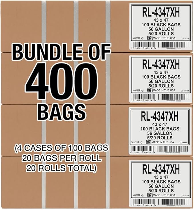 Aluf Plastics 56 Gallon Trash Can Liners (400 Count) - 43" x 47" - Thick 1.5 MIL Equivalent Black Trash Bags for Bathroom, Kitchen, Office, Industrial, Commercial, Recycling and More