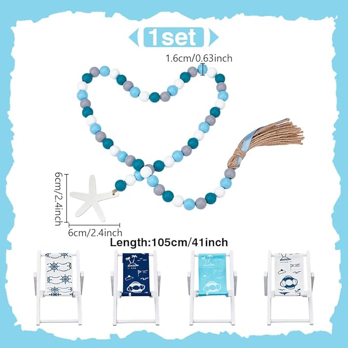 4Pcs 4 Styles Beach Chair Decor Dollhouse Miniature Furniture Accessories Foldable Wooden Beach Chair with 1Pcs Beads Pendant Mini Longue Deck Chairs Doll House Ornament Ocean Theme Decor
