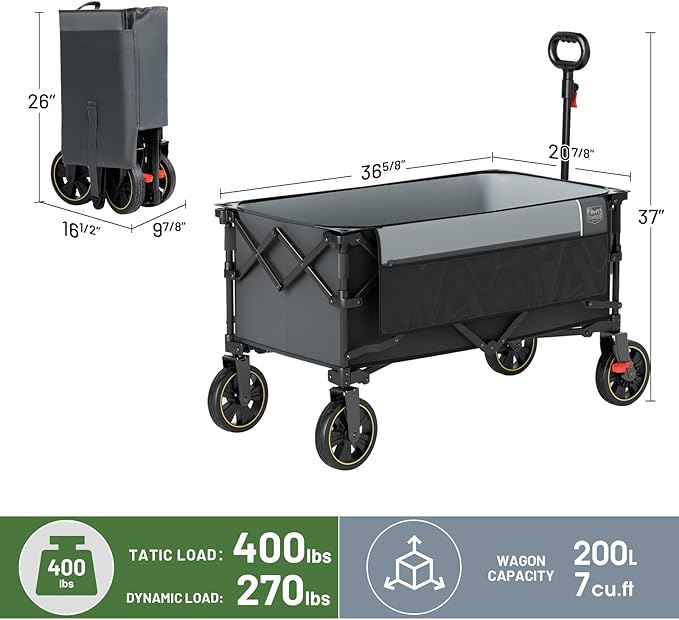 TIMBER RIDGE Collapsible Wagon Cart with Brakes, 400lbs Heavy Duty Large Capacity Compact Portable Folding Wagon, Utility Grocery Cart for Camping, Gardening, Shopping-Grey