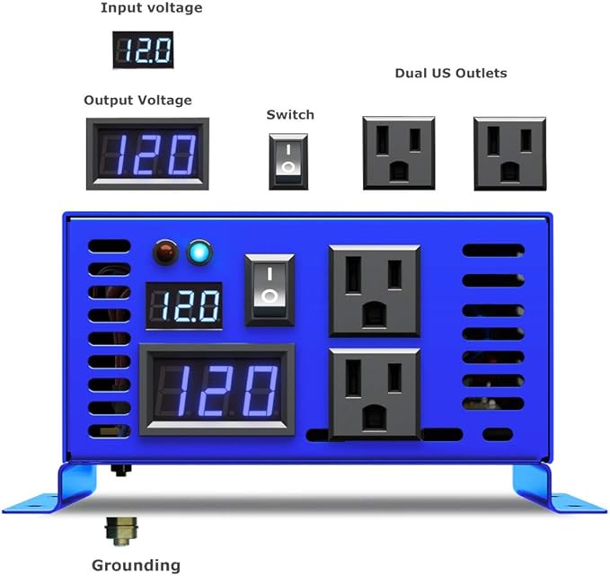 600W Pure Sine Wave Inverter 12v to 110v 120v Solar Power Inverter dc to ac Dual US Plug for Car (600W12V-cable)