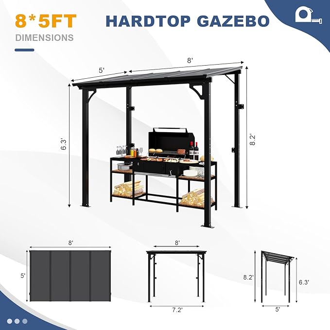 MEISSALIVVE 8' x 5' Gazebo Outdoor Pergola for Patio, Small Wall Mounted Lean to Metal Awnings with Sloped Roof, Heavy Duty Awnings for Patio, Decks, Backyard, Black