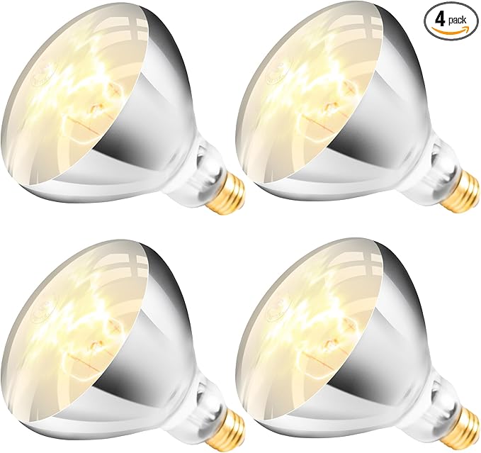 250W R40 White Heat Lamp Bulbs (4-Pack), Infrared Heat Bulbs, Infrared Therapy Bulbs for Bathroom, Sauna, Pets & Chickens, 2,000 Hour Rated, E26 Base