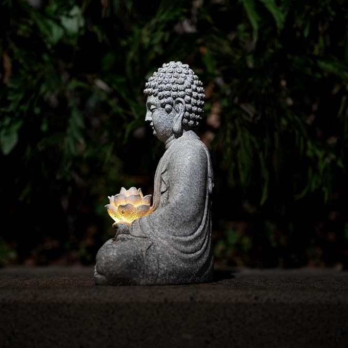Buddha Lotus Statue with Solar Lights, Resin LED Figurine for Garden Decor – Unique Gift for Women and Friends(Grey Buddha)