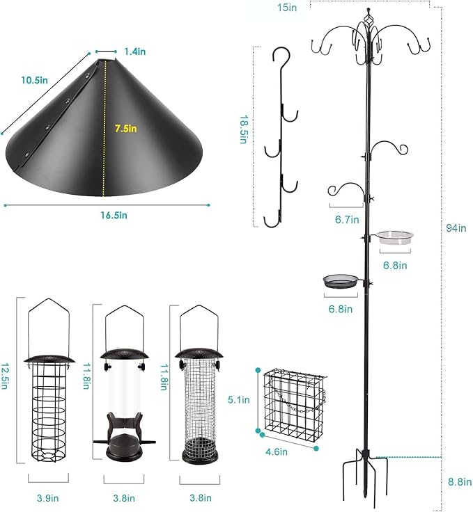Bird Feeding Station Kit Bird Feeder Pole Wild Bird Feeder Kit with Squirrel Baffle and Suet Cage Mesh Tray Fruit Hook Double W Hook for Attracting Wild Birds