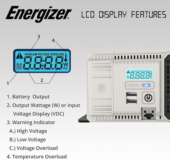 Energizer 1500 Watt 12V Pure Sine Inverter Dual AC Outlets & USB, Installation Kit Included, Automotive Power for Power Tools, Camping & Car Accessories - ETL Approved Under UL STD 458