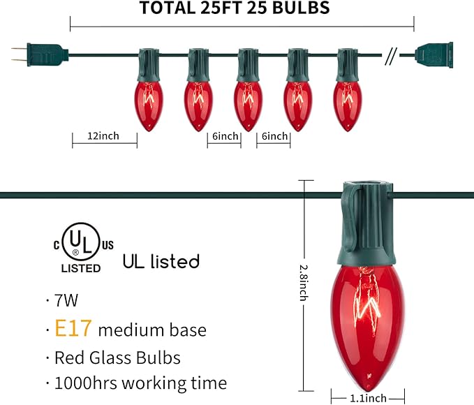 Minetom C9 Red Christmas String Lights, 25FT 25 Blubs Bright & Warm Outdoor Christmas Lights, Long Life C9 String Lights for Tree Patio Gazebo Wreath, Green