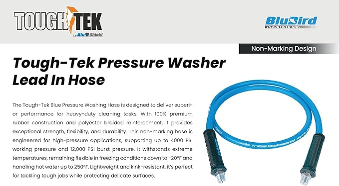 Tough-Tek TTPW1203-NM 1/2" x 3' Rubber Pressure Washing Hose: 4000 PSI, Heavy-Duty, Kevlar Reinforced, Kink-Resistant, Abrasion-Resistant, Hot & Cold Water, Commercial & Residential Use