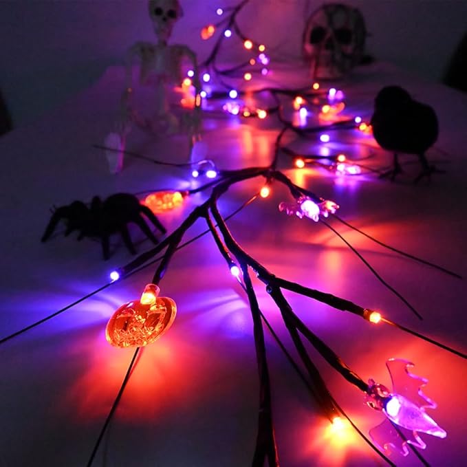 Halloween Decor Lights 8.8 Ft 72 LED Willow Vine Twig with Timer Battery Operated Garland Light 12 LED Pumpkin 12 LED Bats and 48 Lights Halloween Party Decoration for Home Wall Fireplace
