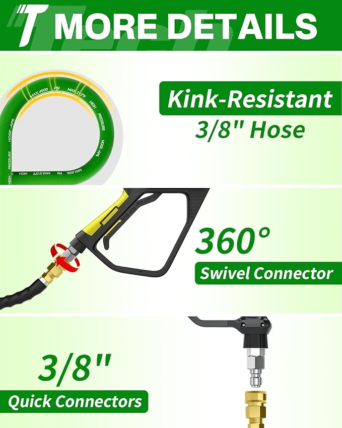 Pressure Washer Hose 125FT 3/8" for Cold and Hot Water 212°F, with Swivel Quick Connect, 4500PSI Kink Resistant Grade Steel Wire Braided, Power Washer Hose With 2pcs M22-14mm Adapter