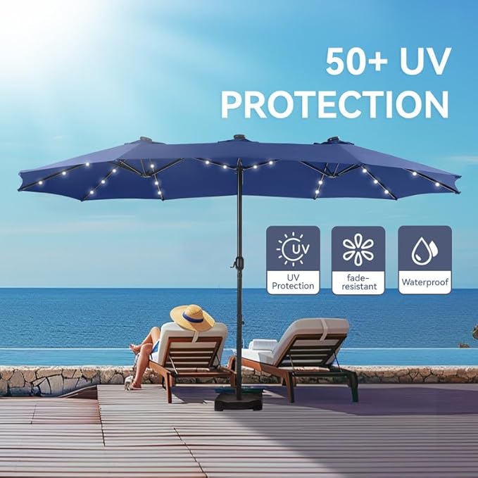 GREEN PARTY 15 ft Rectangle Patio Umbrella with Solar Lights and Base Included, Double-Sided Market Table Umbrella with Crank, Large Outdoor Umbrellas for Patio Poolside Garden Backyard, Haze Blue