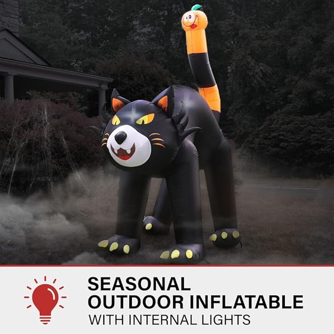 Haunted Hill Farm 10-Ft Tall Black Cat Blow Up Inflatable with Lights, Outdoor Halloween Inflatable Decoration for Lawn and Yard, Giant Spooky Holiday Decor