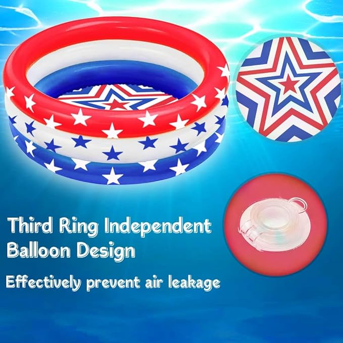 47.5" X 12" Inflatable Kiddie Pool, 2PACK American Flag Swimming Pool, 3 Ring Summer Swimming Pools for Toddler Kids Outdoor Garden Backyard Water Party, Age 3+