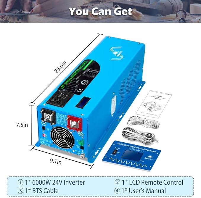 SUNGOLDPOWER 6000W 24 Vdc Inverter Charger,Peak 18000w,240 Vac Input, 120V/240V AC Output Split Phase,Low Frequency,Pure Sine Wave with LCD Remote Controller(Updated Version) Blue
