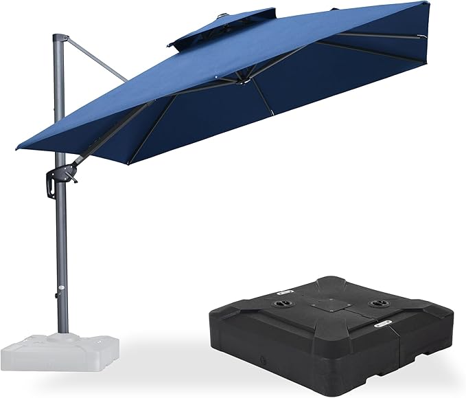 PURPLE LEAF Cantilever Umbrella with Base Included 10 Feet Outdoor Double Top Large Offset Hanging 360° Rotation Heavy Duty Square Umbrella for Garden Patio Deck Pool Spectrum Indigo