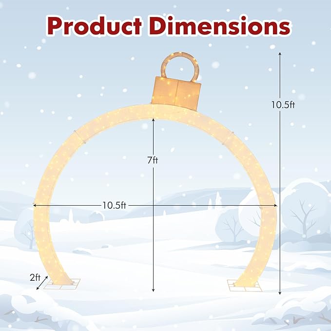 Tangkula 10.5 FT Outdoor Christmas Lighted Archway with Gold Ornament Cap, 300 Warm White LED Lights, Zip Ties & Stakes, Holiday Xmas Yard Decorations