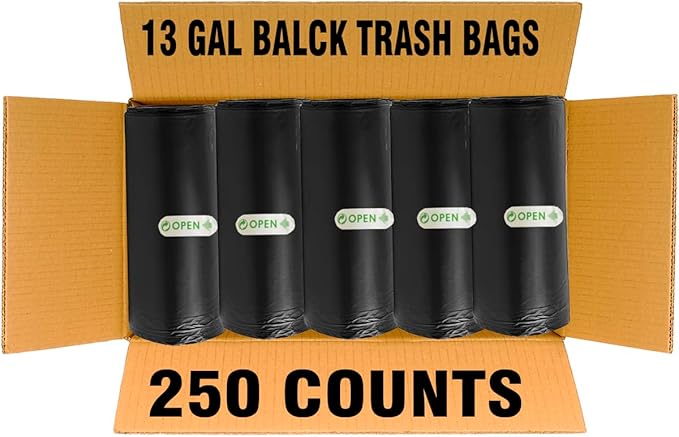 13 Gallon Trash Bags, 250 Count Black Tall Kitchen Garbage bags, Multi-purpose Trash Can Bin Liners for Bathroom, Office, Industrial, Commercial, Janitorial, Municipal, Recycling