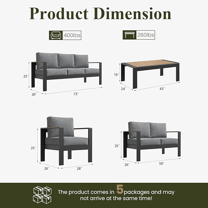 LayinSun 7 Piece Aluminum Outdoor Furniture Set with Coffee Table, Outside Patio Deep Seating Conversation Set with Upgraded Washable Thick Cushion