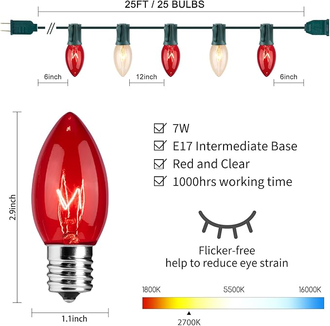 Minetom C9 Red & Clear Christmas String Lights, 25FT 25 Blubs Bright & Warm Outdoor Christmas Lights, Long Life C9 String Lights for Tree Patio Gazebo Wreath, Green
