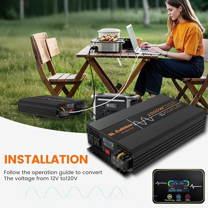 2000W Pure Sine Wave Power Inverter 12V DC to 120V AC 60HZ with LCD Display, USB Port, Wireless Remote Control（10M）, Solar, Outdoor