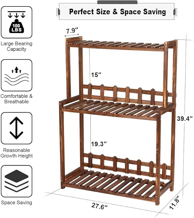 Ufine 3 Tier Wood Plant Stand Vertical Plant Dislay Shelf Indoor Ourdoor Plant Rack, Balcony Living Room, Kitchen, Porch Organizer Plants Holder