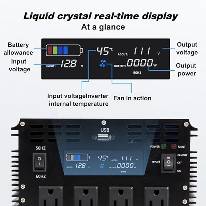 4000 Watt Pure Sine Wave Power Inverter with LCD 12V DC to 110V/120V AC Peak Power 8000W Car Power Inverter with 4 AC Outlets & 1 USB Port & Remote Control for Truck RV Car Solar System
