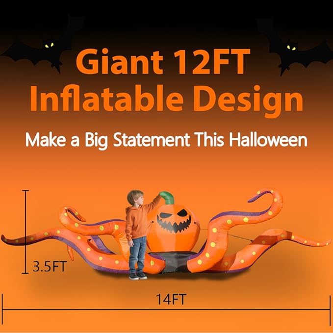 GARIG 12FT Halloween Inflatables Outdoor Decorations Pumpkin Octopus Tentacles Build-in LEDs Lights Blow Up Yard Decorations for Garden Lawn Window Indoor Party Holiday Decor