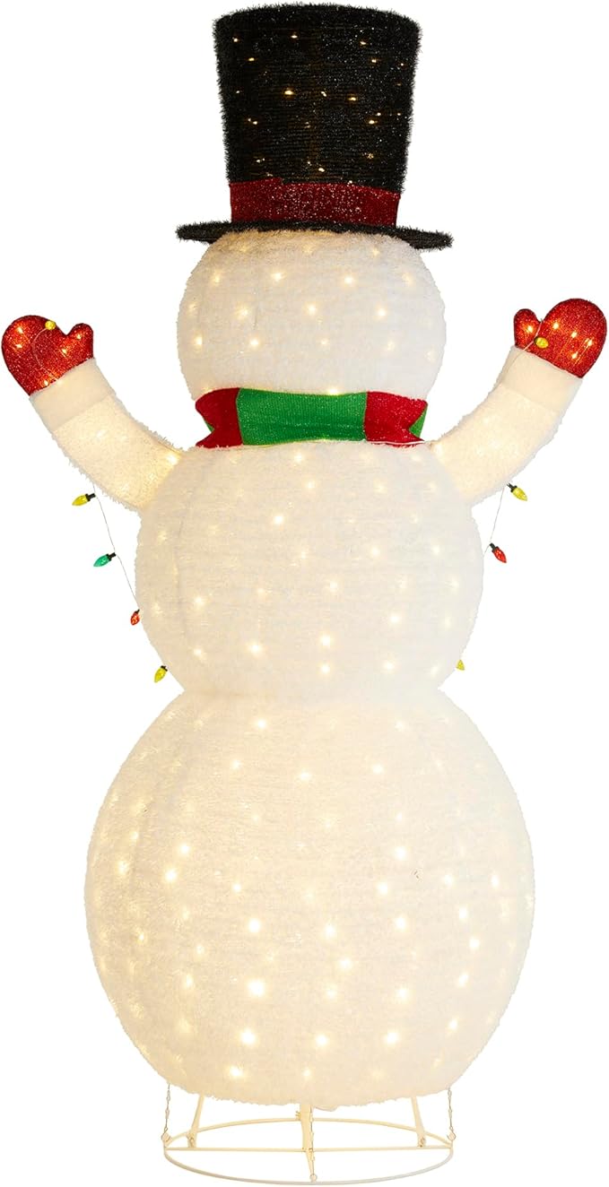 Glitzhome 8FT Giant Lighted Christmas Snowman, Large Foldable White Outdoor 3D Christmas Holiday Snowman Decoration w/ 430 LED Lights, Hat, Scarf, Multicolored Lights
