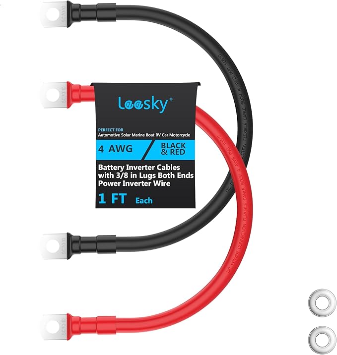 LEESKY 4 AWG Battery Cables 4 Gauge 1 Feet Pure Copper Battery Inverter Cables 3/8 Inch Terminals for Golf Cart, Power Inverter, Solar, RV, Marine