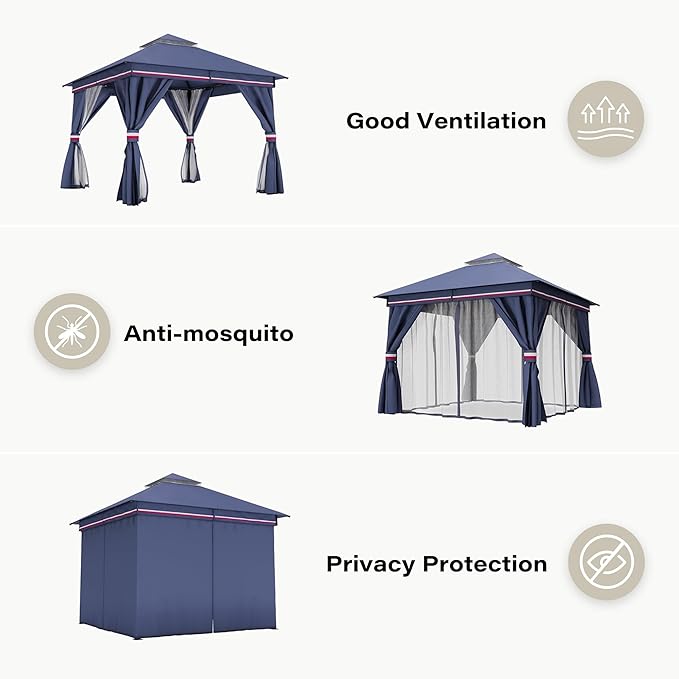 Outdoor Patio Gazebo 10FT, Heavy Duty Party Tent & Shelter with 2-Tier Roof and Expansion Bolts, Mosquito Nettings and Privacy Screens for Backyard, Garden, Poolside, Classic Blue