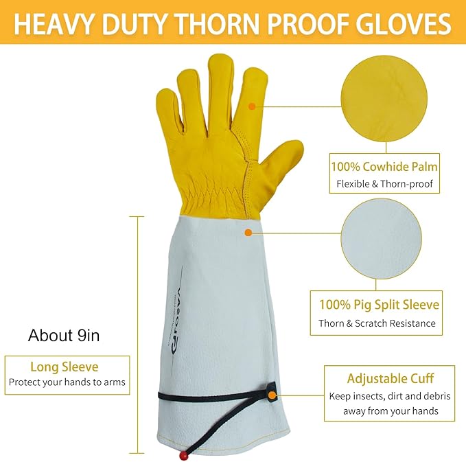 Gardening Gloves Thorn Proof for Rose Pruning & Cactus Trimming, Long Leather Garden Gloves for Women & Men (XL)