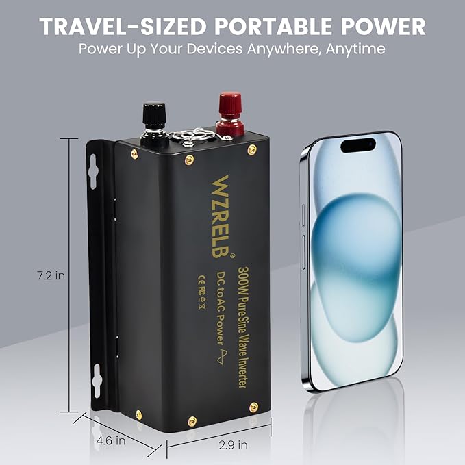 WZRELB 300W Pure Sine Wave Power Inverter 600W Peak DC 24V to 110V AC Car Adapter Off Grid with LED Display
