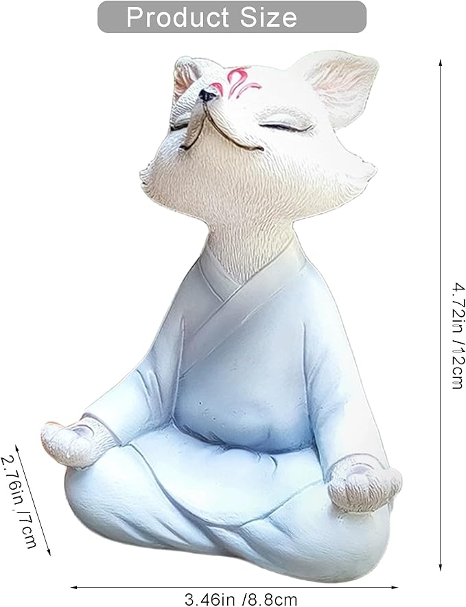 Meditating Buddha Fox Statue Resin Zen Animal Sculpture Yoga Figurine Indoor Outdoor Fengshui Decor for Patio Garden Yard Lawn Tabletop Planter Ponds Pot Bookshelf Ornaments Gifts White