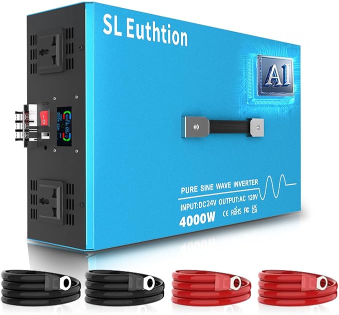 4000W Pure Sine Wave Power Inverter Voice Control AI Voice Assistant Support English 24V to 120V 60HZ with LCD Display, USB Port, for Car Home Laptop Truck