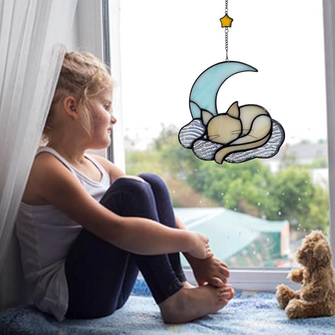 Orange Cat Decor On Blue Moon, Stained Glass Window Hanging, Suncatcher for Windows Panels, Memorial Gift Cat for Lover Loss