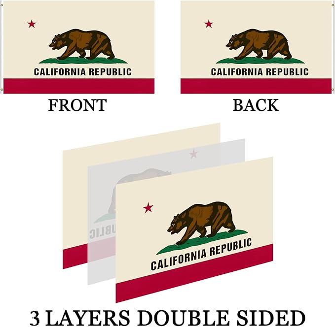 Double Sided California Republic State Flag Banner 3x5 Outdoor- UV Fade Resistant- Cali CA Bear Flags Banners- 3Ply 240D 4 Rows Stitched With Canvas Header & 2 Brass Grommets