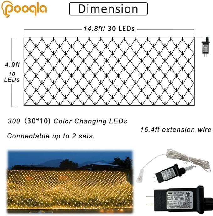 Warm White Net Lights Outdoor, 300 LED Christmas Net Mesh Lights for Bushes 15x5ft, 8 Modes Waterproof Twinkle String Light Connectable Plug in for Halloween Hedge Yard Garden Party Decor