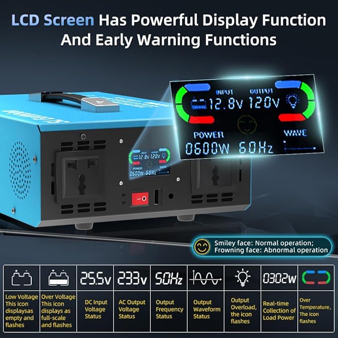 3000W Pure Sine Wave Power Inverter Voice Control AI Voice Assistant Support English 12V to 120V 60HZ with LCD Display, USB Port, for Car Home Laptop Truck