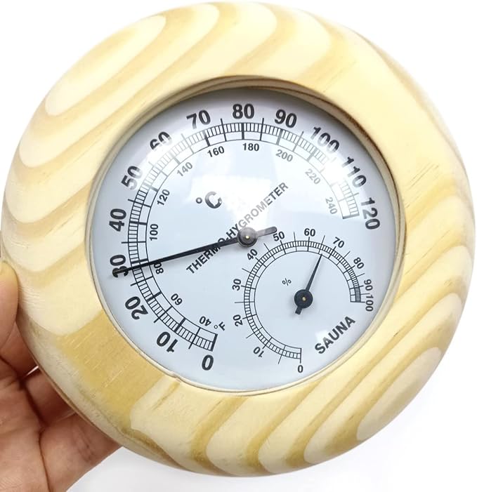 HJJKKH Sauna Thermometer Hygrometer,2 in 1 Indoor Wooden Sauna Fahrenheit Hygrothermograph for Sauna Room Humidity Temperature Measurement,Sauna Accessories (Pine-Round)