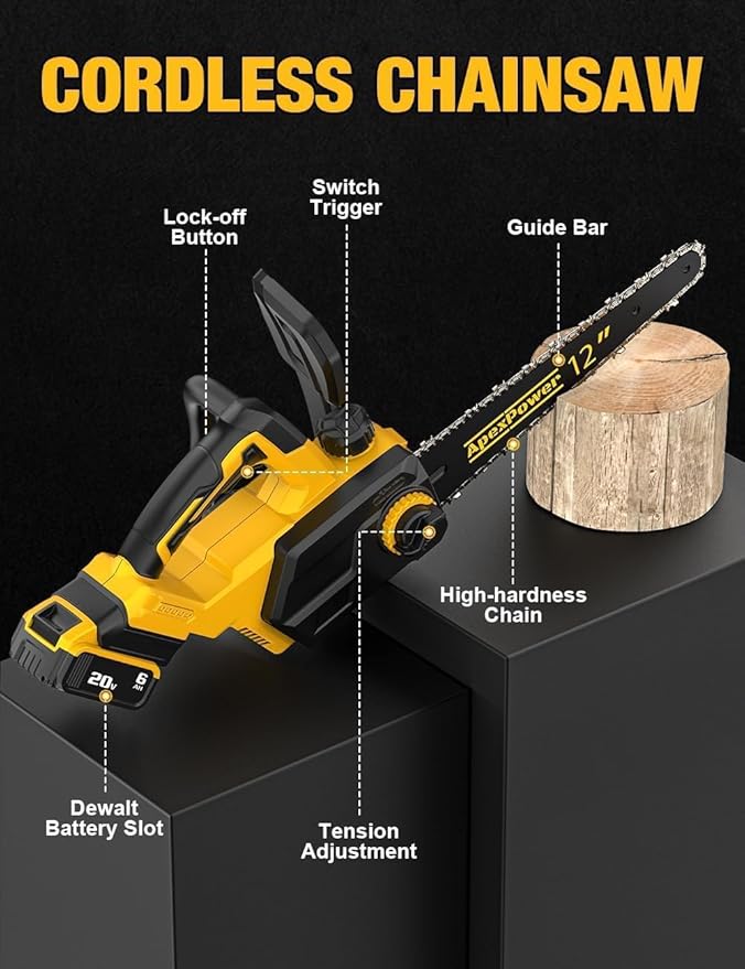 12 Inch Brushless Electric Chainsaw Cordless, for Dewalt Battery 20V, Compact Chainsaw with 44.3 FT/S Powerful Cutting, Auto Oiler Low Kickback Battery Powered Chain Saw for Tree Trimming Wood Cutting