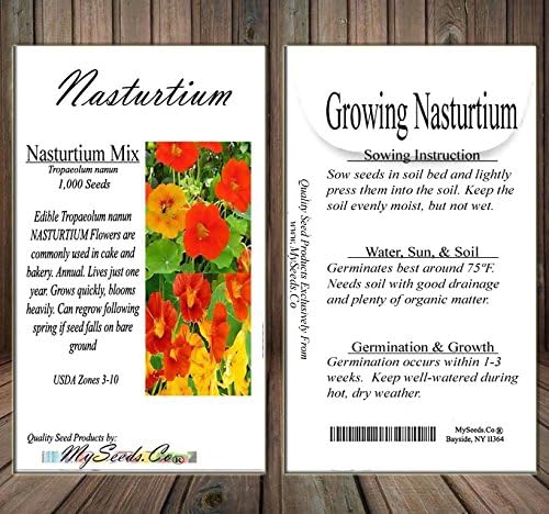 Big Pack - Nasturtium Flower Seed Mix (1,000) - Edible Tropaeolum nanum - Spurred, Flat-Faced Trumpet - Used in Cake & Bakery - Flower Seeds by MySeeds.Co (Big Pack - Nasturtium Mix)